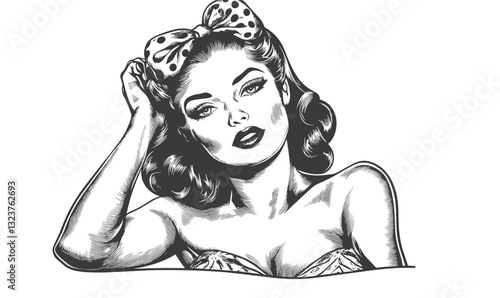 Retro pin-up woman with bow in hair, hand on head vector - linear style icon set.