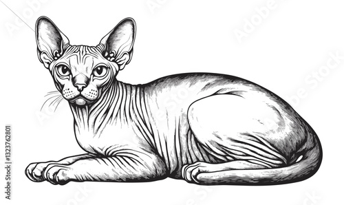 Sphynx cat lying down, detailed monochrome art, linear icons set.