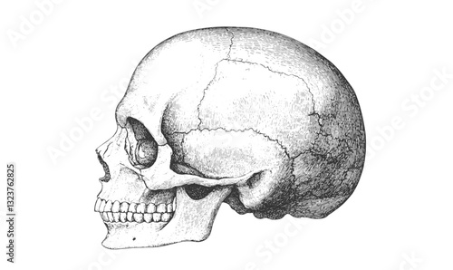 Detailed human skull in profile view, anatomical study, black and white vector, linear style icons set.