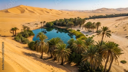Palm Tree Oasis in the Desert
A striking top-view drone image of a palm tree oasis in the middle of a desert.