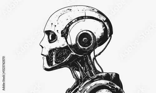 Futuristic robot head profile in monochrome style, vector, flat icons set.