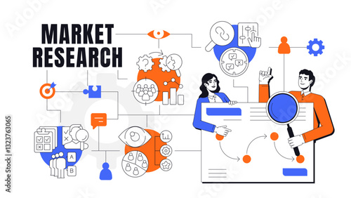 Market research concept illustration. Target audience, customers. Statistics, survey. Marketing, business. Text banner with flat vector characters, colorful line icons. Visual communication