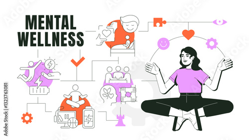 Mental wellness concept illustration. Healthy lifestyle. Training, meditation. Self awareness, emotional support. Text banner with flat vector character, colorful line icons. Visual communication