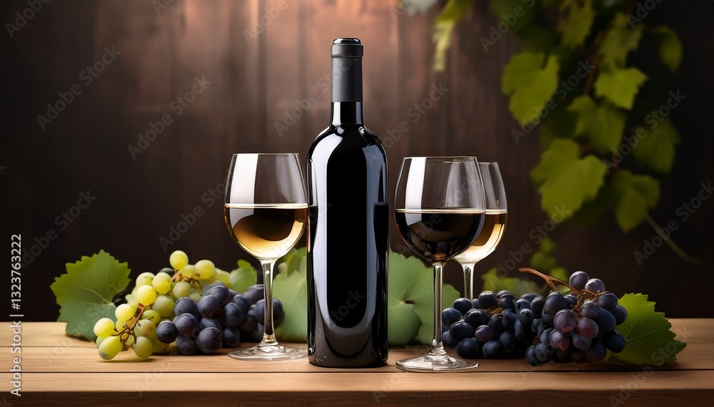 Fototapeta premium A dark wine bottle on a wooden table, accompanied by wine glasses and fresh grapes, creating a rustic and elegant atmosphere perfect for wine lovers