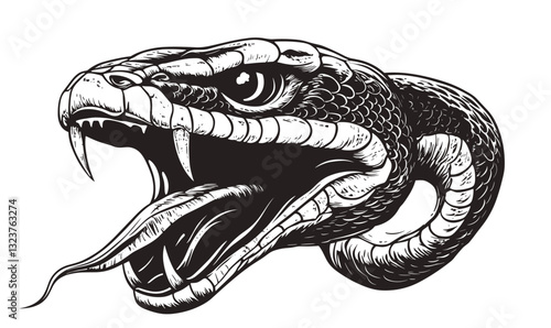 Snake head illustration with open mouth and fangs in linear style, icons set, vector.