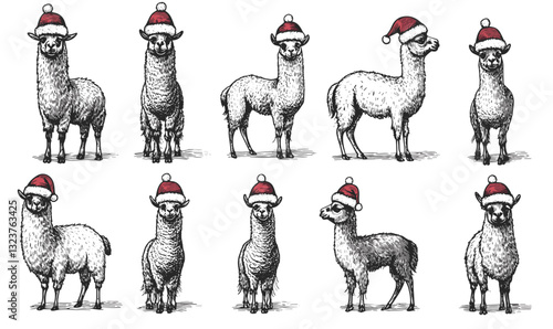 Christmas alpacas with santa hats icon set – vector in linear style.