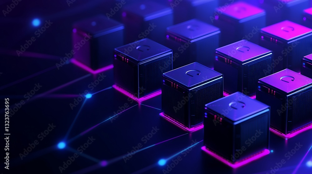 Futuristic Digital Network with Deep Learning Servers Illuminated in Neon Colors and Connected by Lines Futuristic Digital Network with Deep Learning Servers Illuminated in Neon Colors and Connected by Lines