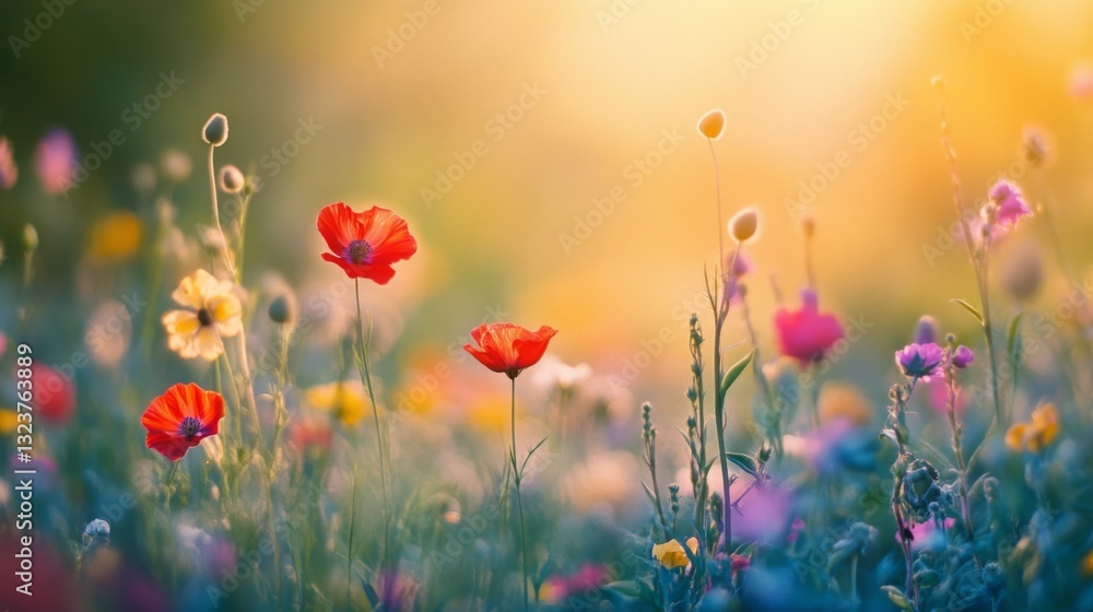 Fototapeta premium A serene meadow filled with vibrant wildflowers under a soft, glowing, golden sunset, embodying the tranquility and beauty of nature's palette.