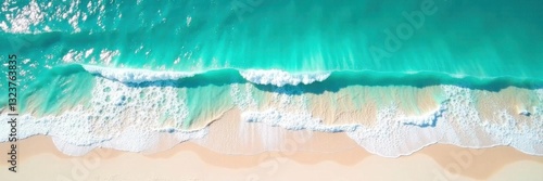 Turquoise waves curl, crashing on white sand beach; aerial view , view, texture, beautiful