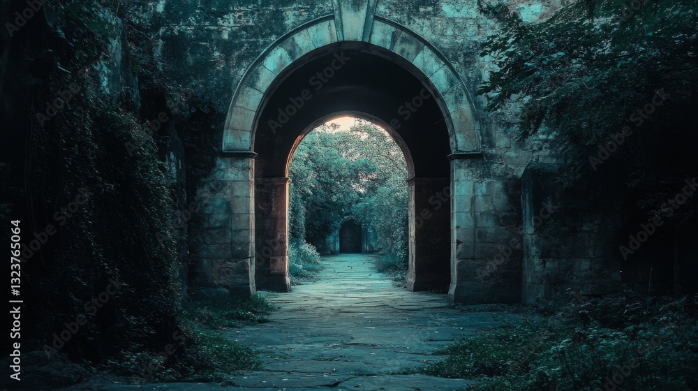 An enchanting stone archway leads to a shadowy forest path, inviting curiosity and a sense of mystical adventure. An enchanting stone archway leads to a shadowy forest path, inviting curiosity and a sense of mystical adventure.