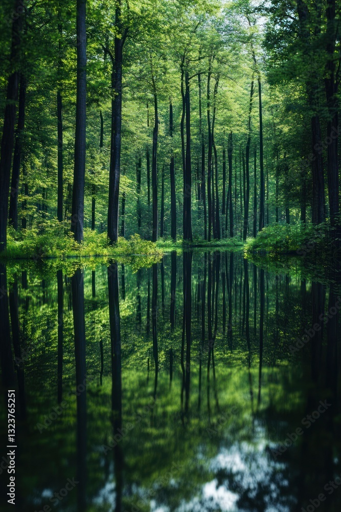 Forest Reflection Calm Lake Photorealistic Nature Scene with Tall Trees and Soft Lighting Forest Reflection Calm Lake Photorealistic Nature Scene with Tall Trees and Soft Lighting