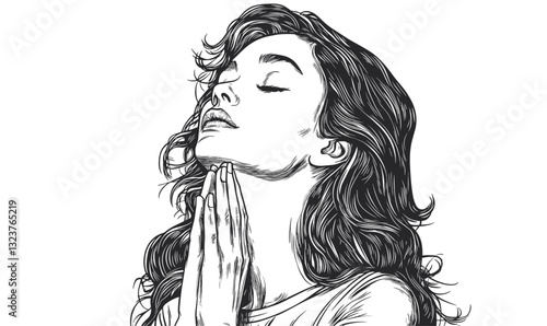 Praying woman portrait in contemplation, detailed, linear vector icons set.