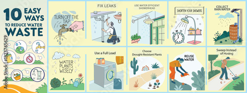 10 Easy Ways to Reduce Water Waste – Infographic Illustration for Sustainable Living and Conservation