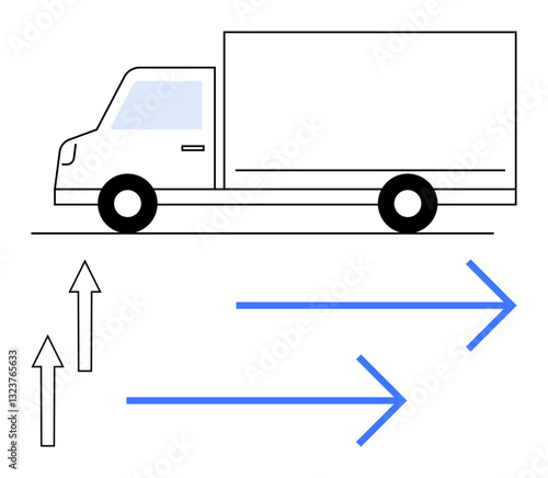 Delivery truck moving horizontally while arrows represent forward and upward forces acting on it. Ideal for logistics, transport, shipping, motion, physics, delivery concepts, flat simple metaphor