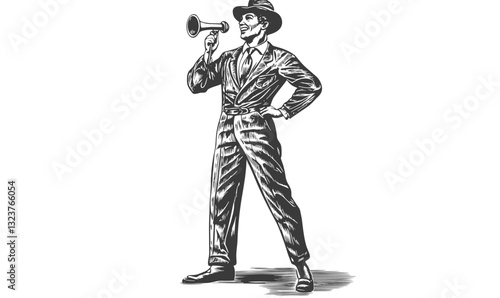 Retro announcer with megaphone in suit, standing confidently - linear icons set, vector.