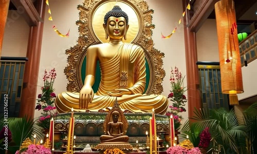 A Buddha statue surrounded by burning candles and flowers. The concept of 
