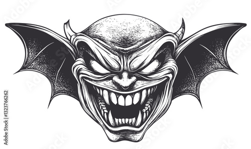 Evil grinning demon face with bat wings, black and white linear icons set vector.