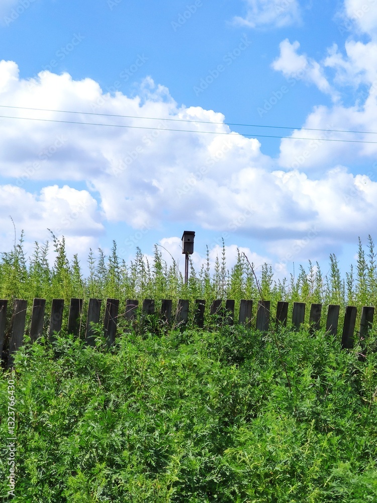 Obraz premium Village scene with a wooden fence, ideal for blogs, websites, and educational materials on rural living