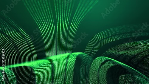 4k looped abstract green background of glow particles form lines, surfaces, structures as futuristic landscape in cyberspace or hologram. Green Digital Art