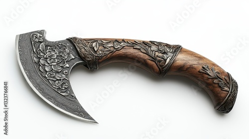 A handcrafted axe, its curved blade honed for precision and its wooden handle adorned with intricate carvings, a trusty companion for outdoor adventurers.