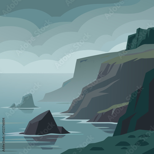 Fjords. Rocky shore of sea bay, landscape vector illustration. Beautiful high sea cliffs overlooking the beautiful ocean. Dangerous rocks in the fog and bay