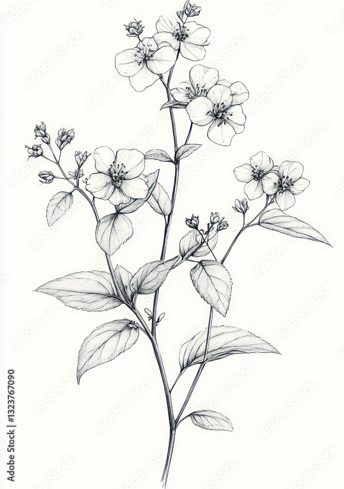 Oregano Flowering Twig Botanical Drawing Art Ink on Paper Vintage Style Oregano Flowering Twig Botanical Drawing Art Ink on Paper Vintage Style