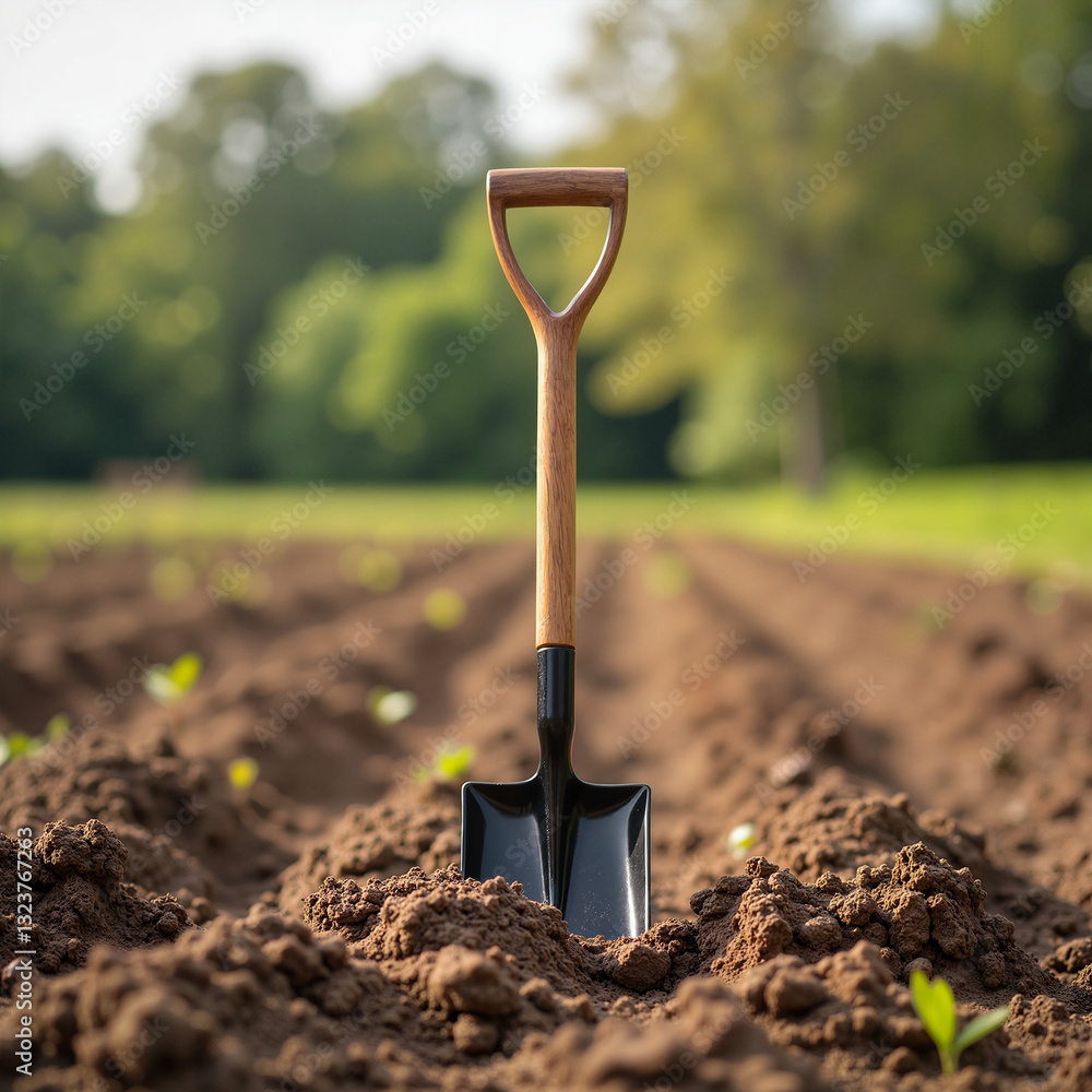 Shovel Vertically Stuck in Ground Among Neat Long Rows Shovel Vertically Stuck in Ground Among Neat Long Rows