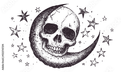 Skull and crescent moon with stars vector, linear icons set.