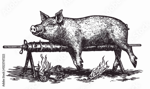 Roasting pig over open fire - traditional cooking method - linear icons set - vector.