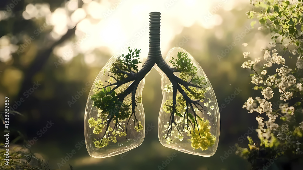 Transparent lungs model floating in a forest with plants