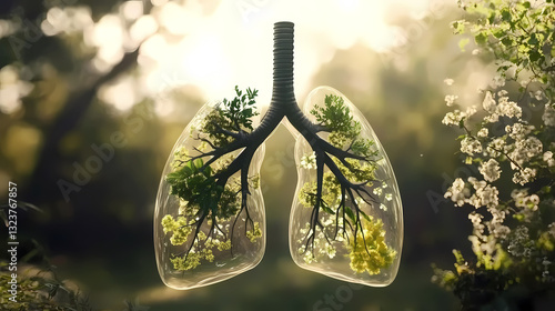 Obraz na płótnie Transparent lungs model floating in a forest with plants w salonie