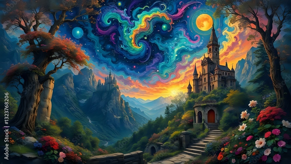 Obraz premium Mystical Art Coloring Painting of a Castle, Jungle, Mountain, and Colorful Moon