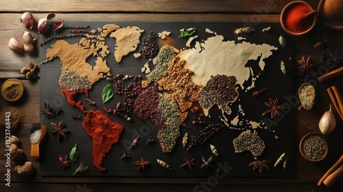 Culinary world map crafted from assorted spices and herbs on rustic wooden table with various spices surrounding it