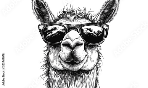 Cool llama wearing sunglasses vector - detailed linear style animal icon set.