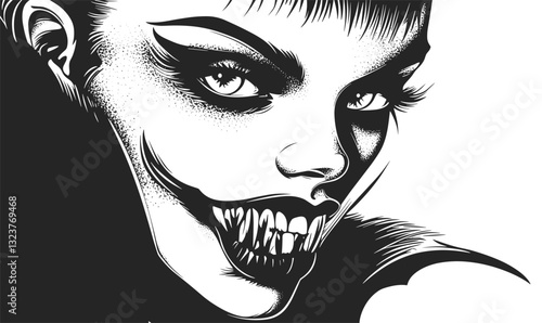 Creepy grinning face with sharp teeth, dark eyes, vector, linear icons set.