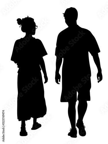Silhouette of couple walking away. Woman in glasses. Back view. Black vector illustration isolated on white background.