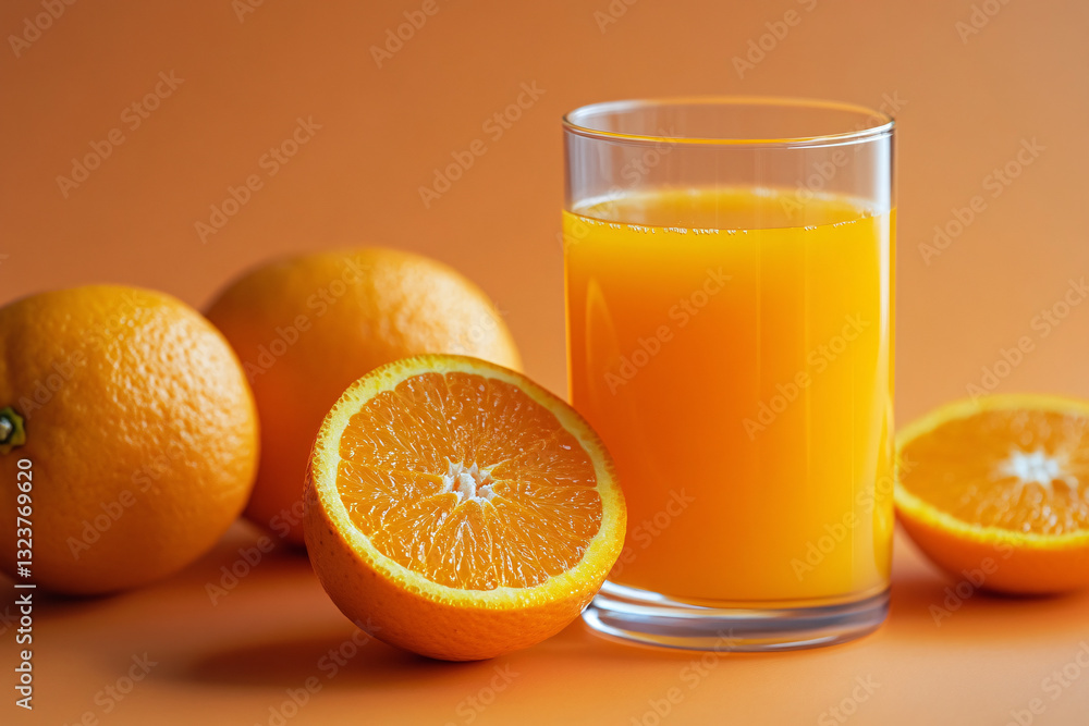 A refreshing glass of orange juice surrounded by whole and halved oranges set against a warm orange-toned background
A refreshing glass of orange juice surrounded by whole and halved oranges set against a warm orange-toned background