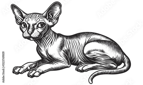 Sphynx cat illustration, detailed line art of hairless cat, vector, linear, icons set.