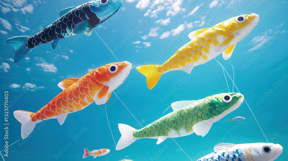 Colorful fish-shaped kites float joyfully against a bright blue sky, embodying a sense of freedom and playful wonder. Colorful fish-shaped kites float joyfully against a bright blue sky, embodying a sense of freedom and playful wonder.