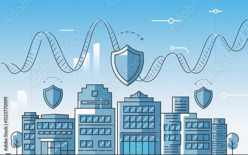 Commercial property insurance rates​ concepts. Modern cityscape illustrating security and protection with stylized buildings and shields.