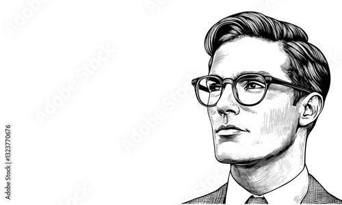 Business professional male portrait with glasses, linear icons set, vector.