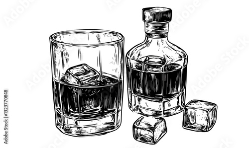 Whiskey bottle and glass with ice cubes - linear icons set - vector.