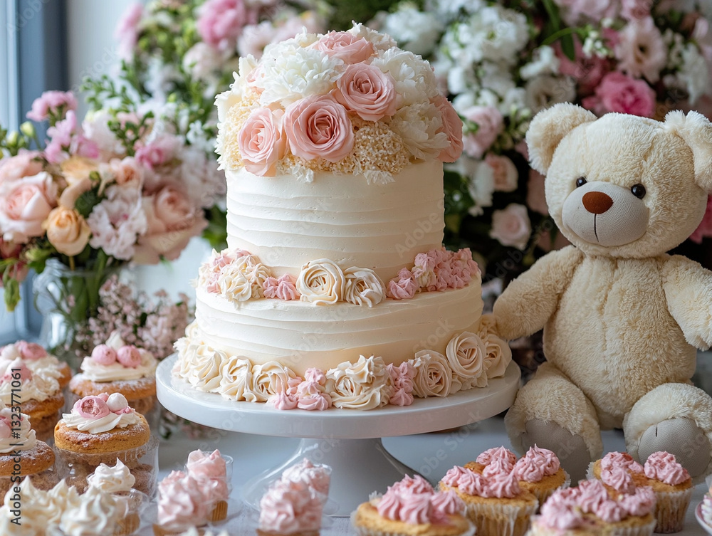 Beautiful cake display with flowers and plush bear Beautiful cake display with flowers and plush bear