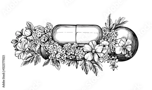 Botanical pill design featuring flowers and leaves, vector, linear icons set.