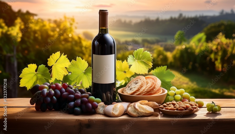 Fototapeta premium A wine bottle surrounded by natural vine leaves, organic snacks, and a softly blurred background, creating a rustic and elegant ambiance. Perfect for vineyard and gourmet themes