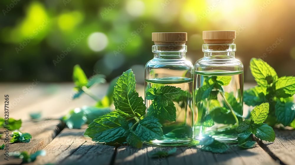 Glass jars filled with green liquid and plants