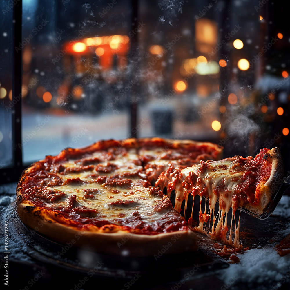 Naklejka premium A rich, cheesy Chicago deep-dish pizza loaded with layers of melted cheese, chunky tomato sauce, and Italian sausage, served hot in a cozy Chicago pizzeria with warm indoor lights, steam rising from t