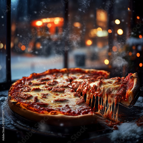 A rich, cheesy Chicago deep-dish pizza loaded with layers of melted cheese, chunky tomato sauce, and Italian sausage, served hot in a cozy Chicago pizzeria with warm indoor lights, steam rising from t