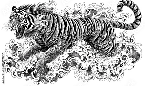 Wallpaper Mural Fierce tiger amidst ocean waves, linear style icons set vector. Torontodigital.ca