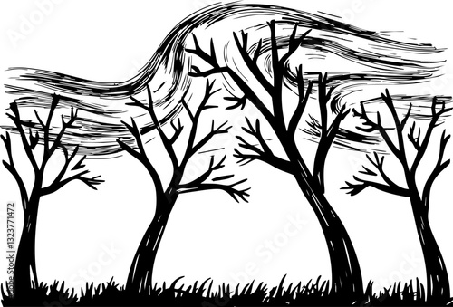 Strong winds bend bare trees nature landscape black and white illustration dramatic atmosphere artistic viewpoint